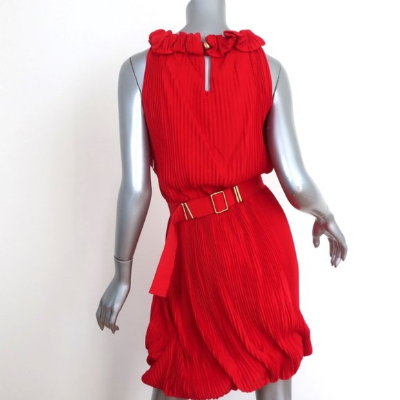 FENDI DRESS RED ACCORDION PLEATED SILK SIZE 40 SLEEVELESS BELTED - Picture 7 of 12